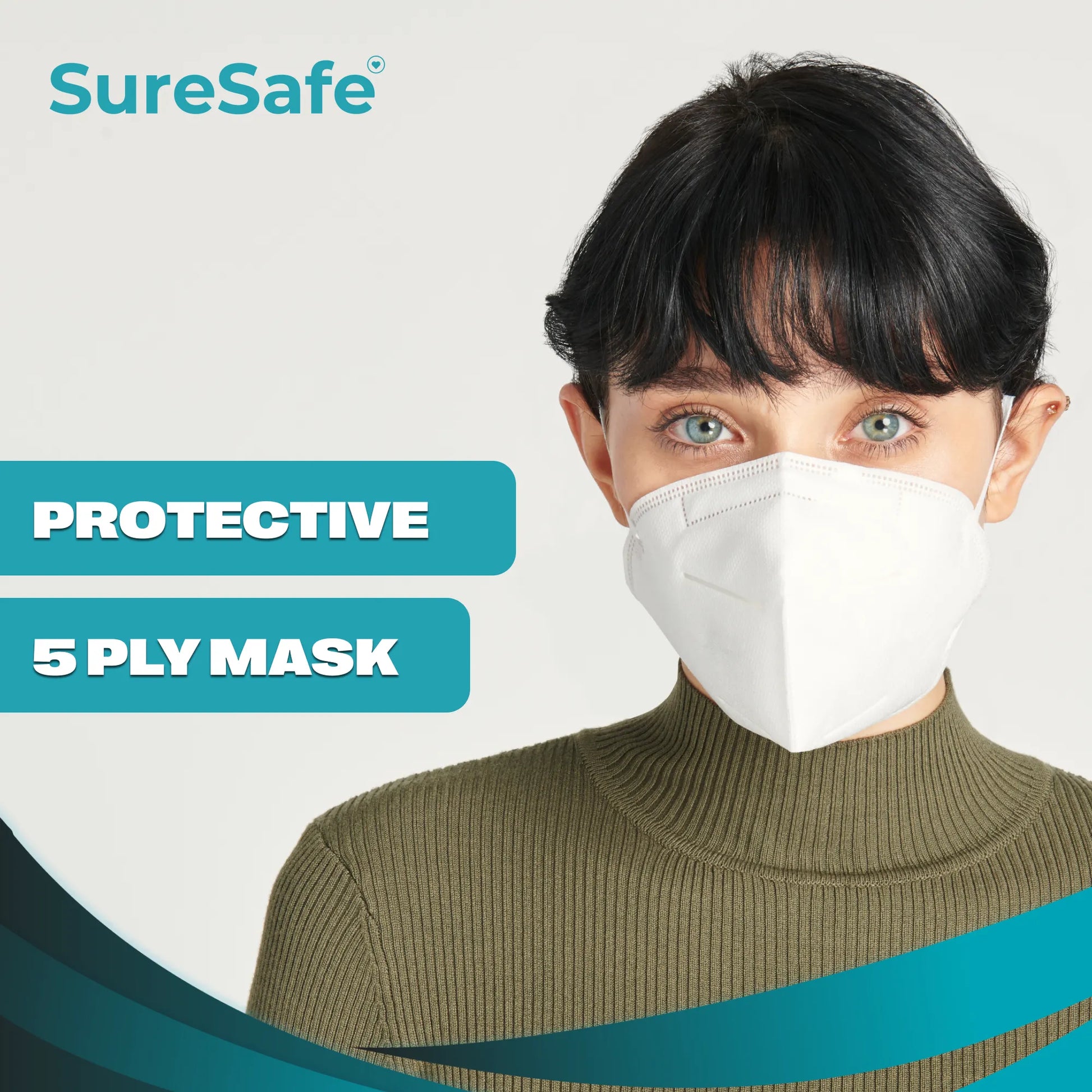 Woman wearing a SureSafe white protective mask showing the 3D contoured fit for maximum face coverage and minimal gaps.